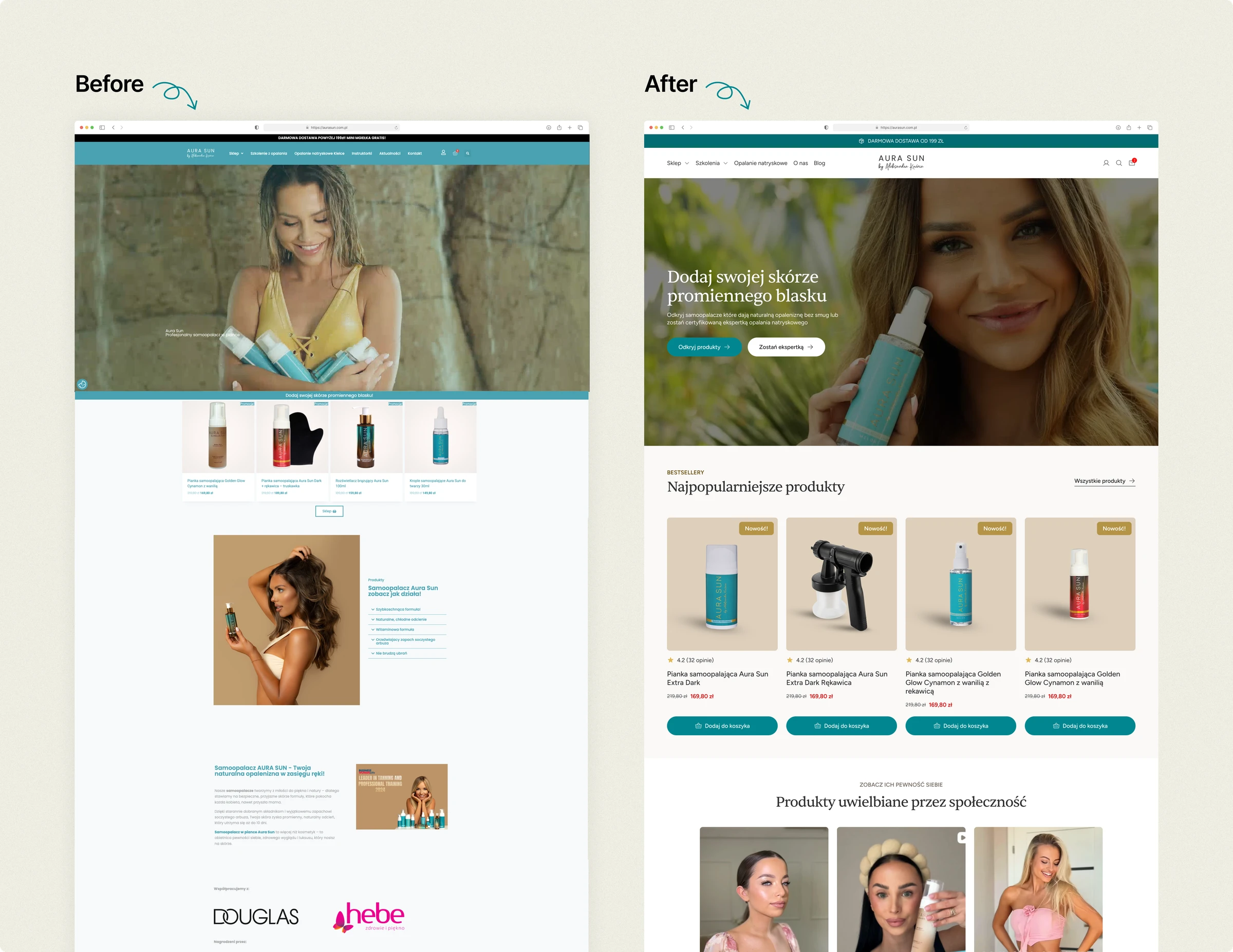 AuraSun homepage, before and after: the old page mixing shop, training and salon, next to the redesign that leads with the product and two clear CTAs.