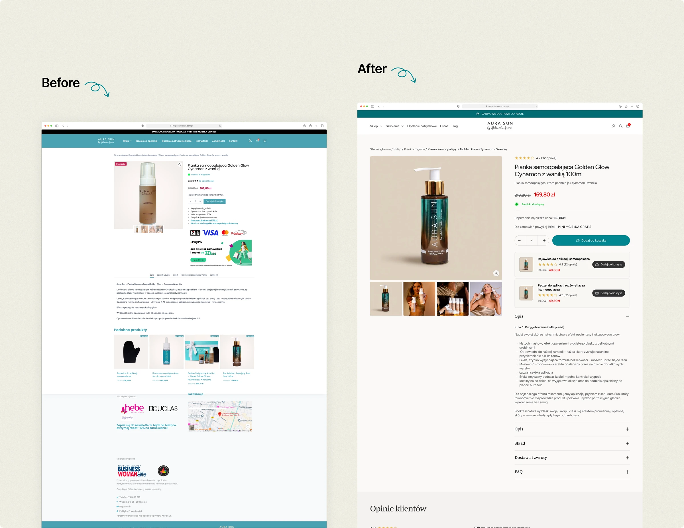 AuraSun product page, before and after: the old page burying the scent below payment badges, next to the redesign that names it in the title, above the fold.