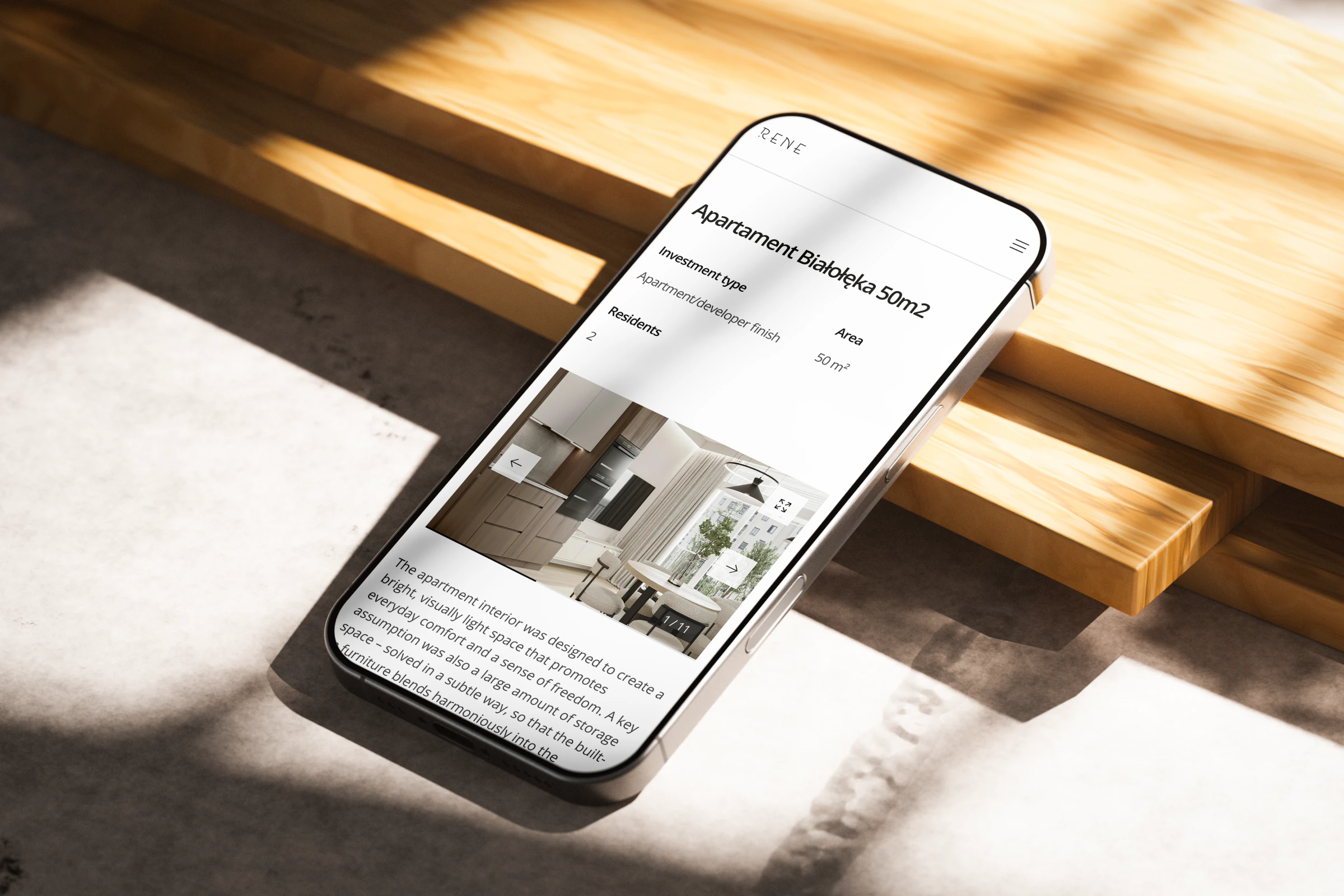 A project page on a phone: Apartament Białołęka, with investment type, residents and a 50 m² floor area stated above the gallery.