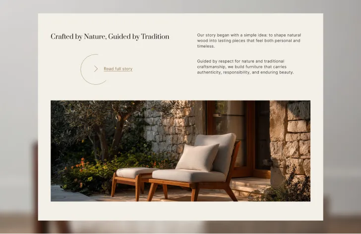 The brand story block: “Crafted by Nature, Guided by Tradition”, with a chair shot in a real garden rather than cut out on white.