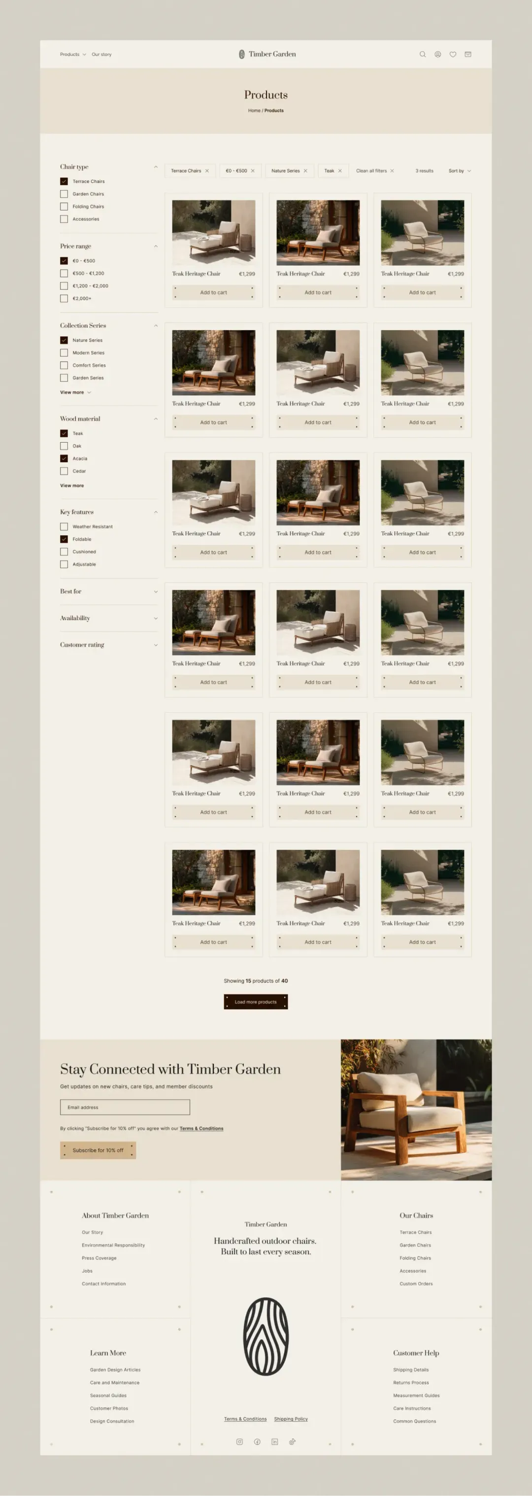 The products page: the filter rail — chair type, price, series, wood, key features — beside the listing grid and its active-filter chips.