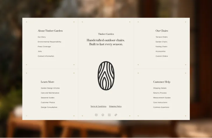 The footer: About, Our Chairs, Learn More and Customer Help around the brand mark and tagline.