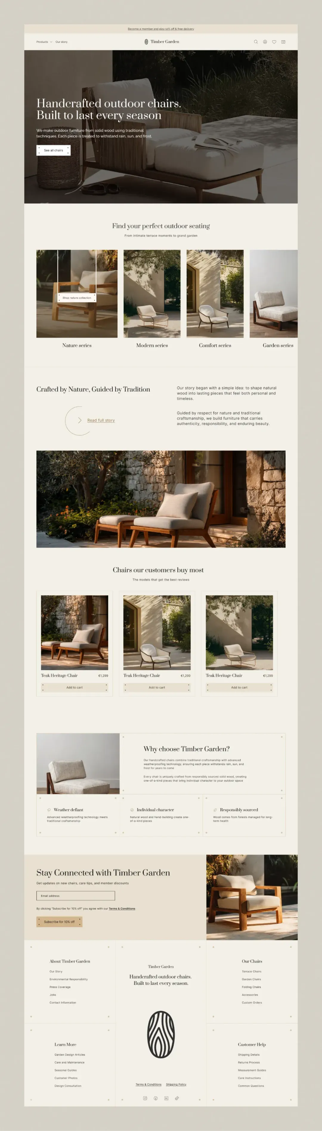 The homepage end to end: hero, the four series, the brand story, best-sellers, the “Why choose Timber Garden” band and the newsletter signup.
