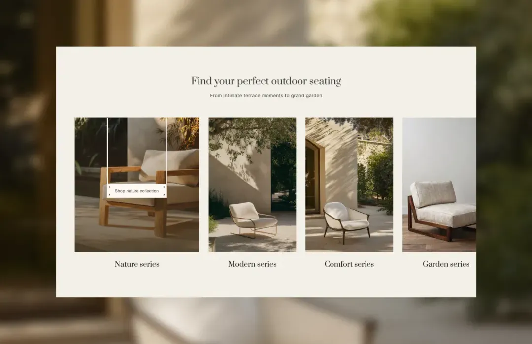 “Find your perfect outdoor seating”: the four series — Nature, Modern, Comfort, Garden — set side by side on the homepage.