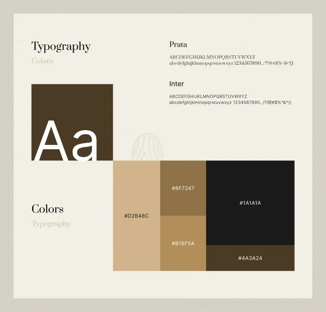 The style guide: Prata and Inter set against the palette — #D2B48C, #8F7247, #B18F5A, #1A1A1A, #4A3A24.