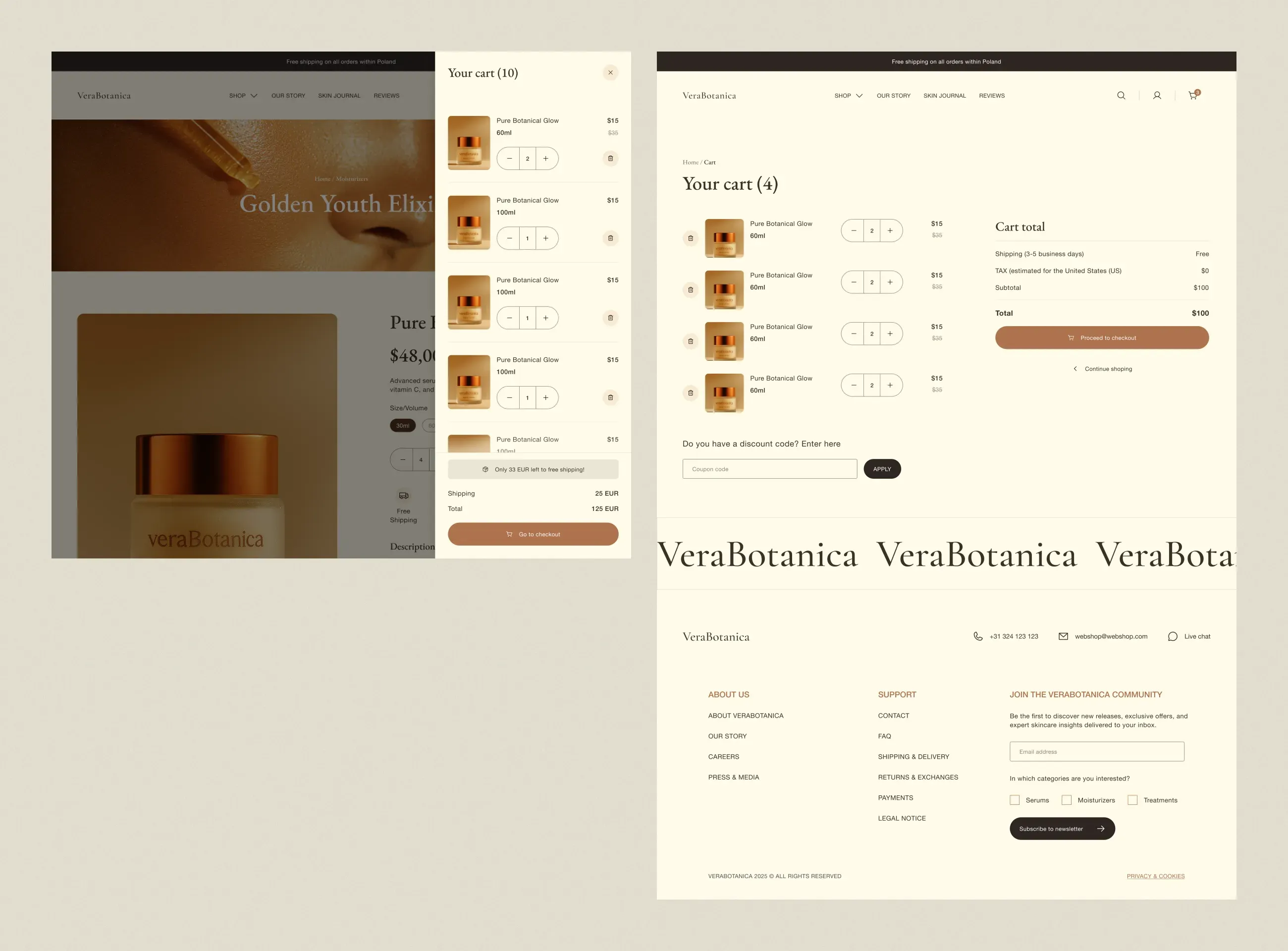 Both carts in one frame: the slide-out drawer with its free-shipping nudge, next to the full cart page with the itemised total and discount field.