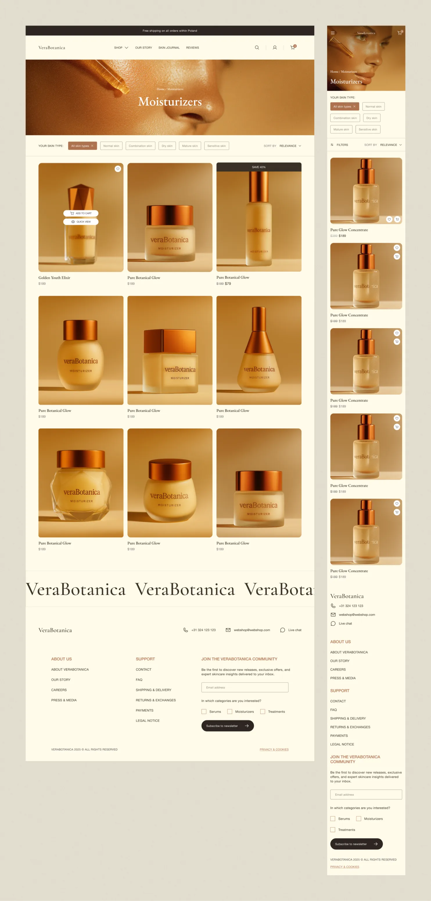The Moisturizers category page: skin-type filters sitting across the top of the product grid, on desktop and mobile.