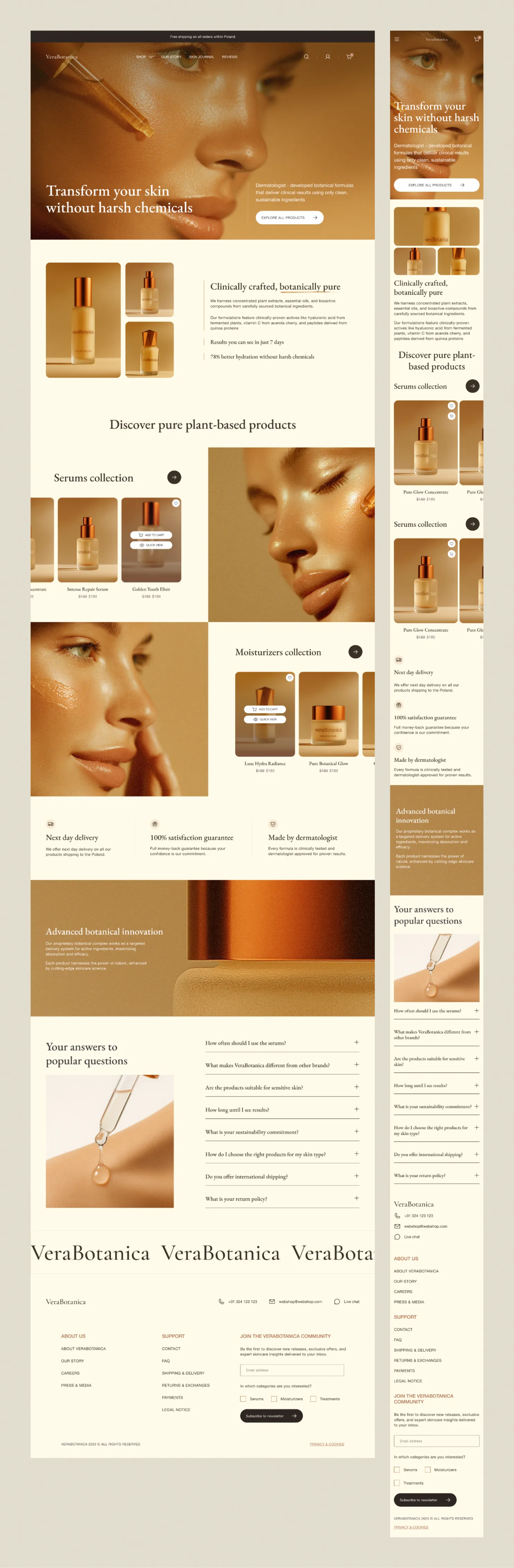 The VeraBotanica homepage end to end, desktop beside mobile: hero, collections, trust row, botanical innovation band and FAQ.