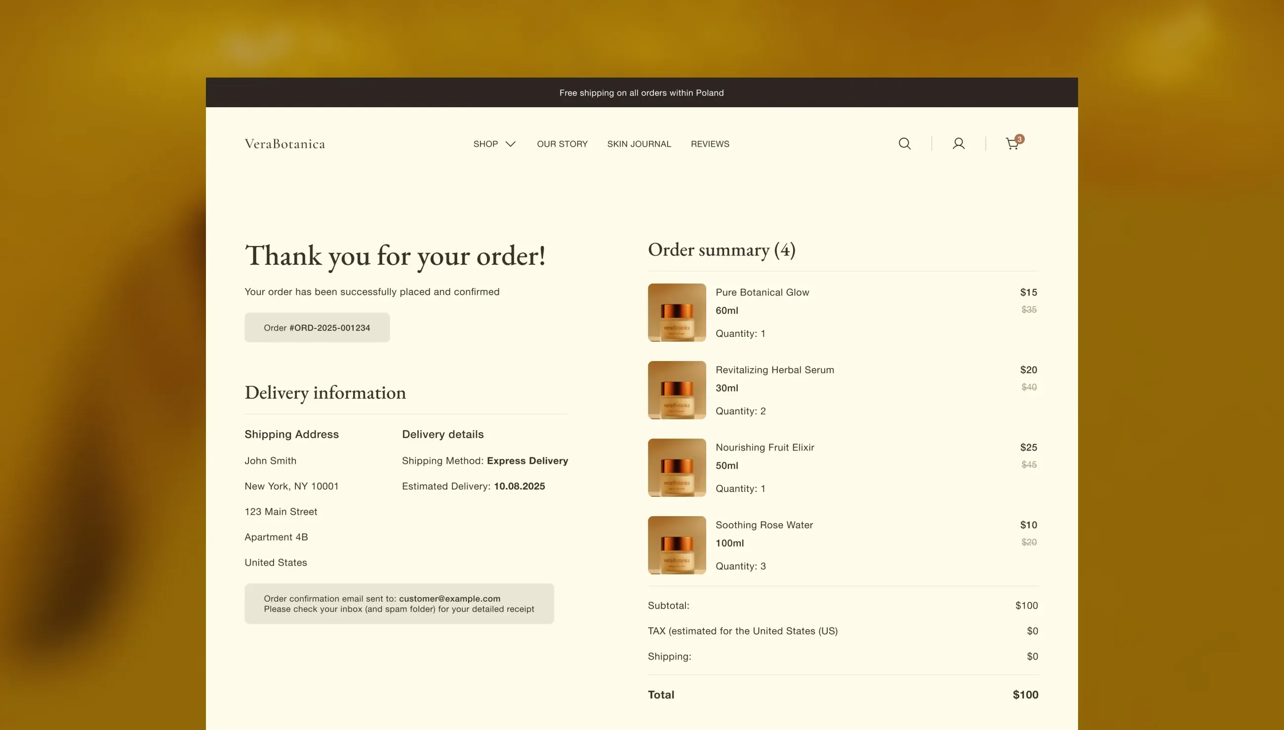 The order confirmation: order number, delivery details and the itemised summary.